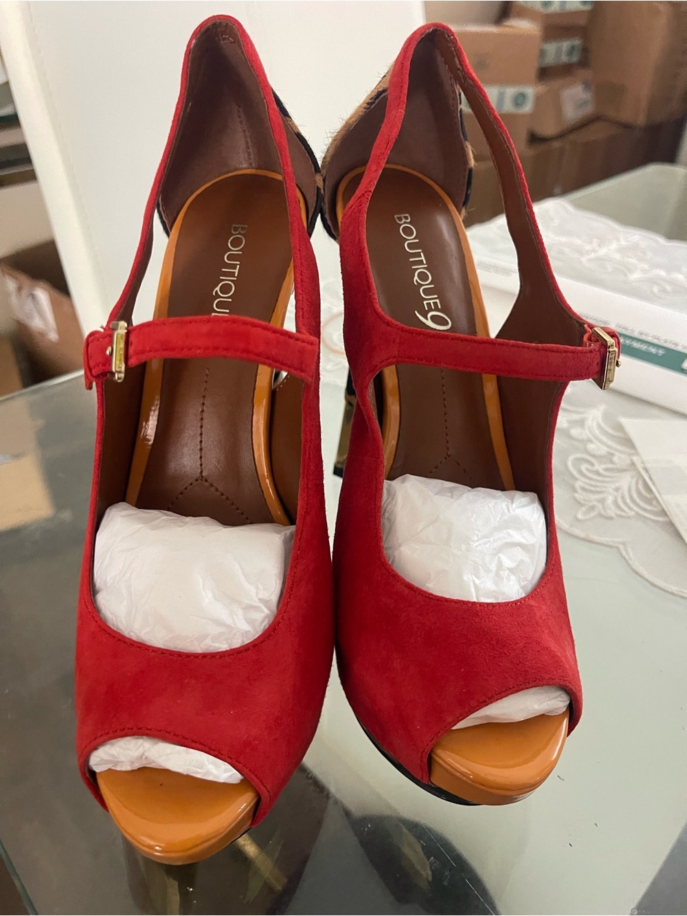 Boutique 9 Red Suede Mary Jane Peep-Toe Pumps